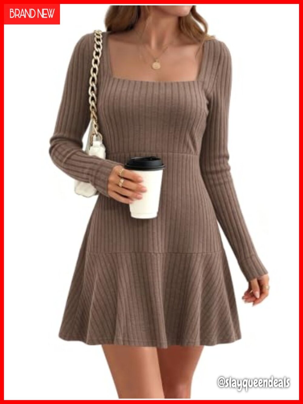 Ribbed Knit Long Sleeve Sweater Dress Square Neck A Line Above Knee